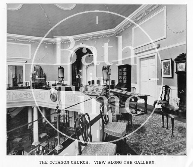 Interior view along the gallery of the Octagon Church, Milsom Street, home of Mallett & Son, Bath c.1920