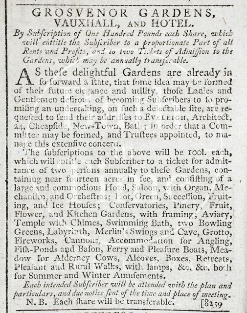 Subscription offer for the Grosvenor Gardens, Vauxhall and Hotel, Bath 1792