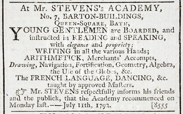 Advertisement for Mr. Steven's Academy, 7, Barton Buildings, Bath 1792