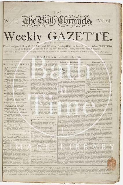 The front page of the earliest known surviving copy of the Bath Chronicle as we know it 1760