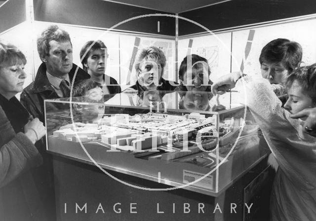 A group of members of the public examine the proposed Prudential Southgate Shopping Centre development, Bath 1988