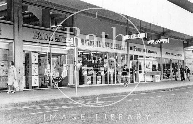 Shops in Ham Gardens, on the fringes of the Southgate Shopping Centre, Bath 1977