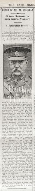 The death notice of Mr. M. Costello of 8, Lyndhurst Terrace, Bath 1923