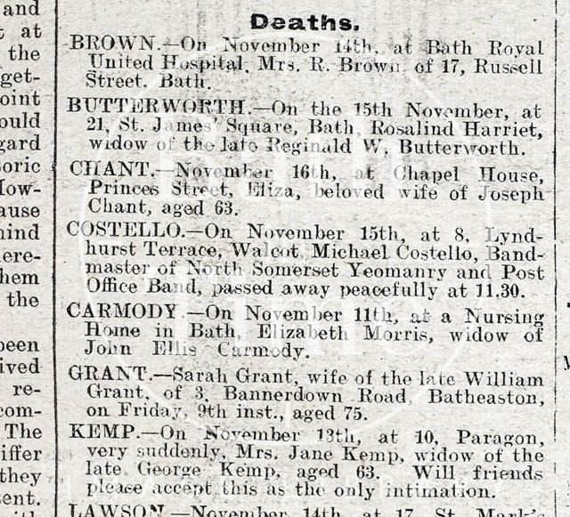 The death notice of Mr. Michael Costello of 8, Lyndhurst Terrace, Bath 1923