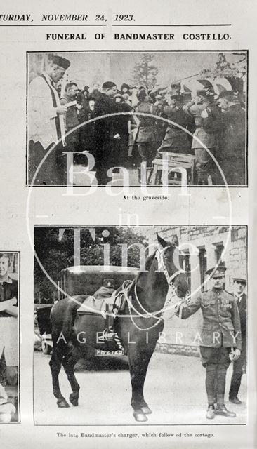 The funeral of Bandmaster Michael Costello, at the graveside and his charger, Bath 1923