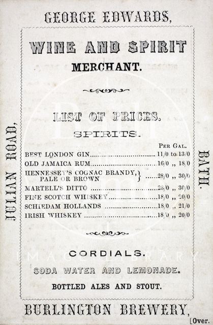 George Edwards, Wine and Spirit Merchant, Burlington Brewery, Julian Road, Bath c.1858-1871