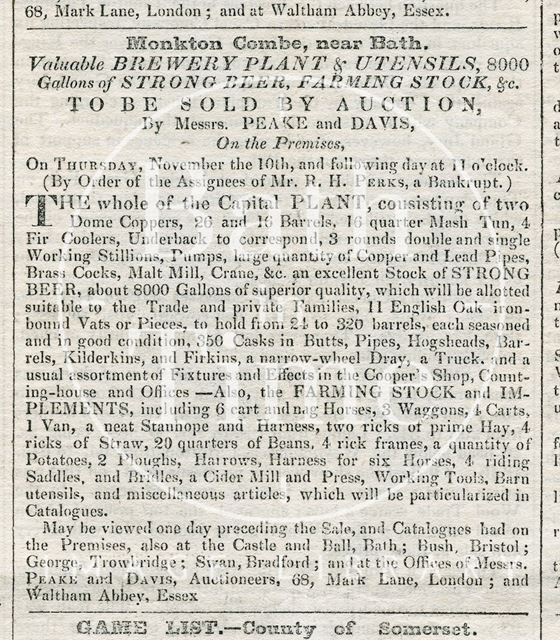 Advertisement for valuable brewery plant and utensils, Monkton Combe 1831