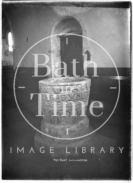 The font, Lullington Church near Beckington, Somerset 1935