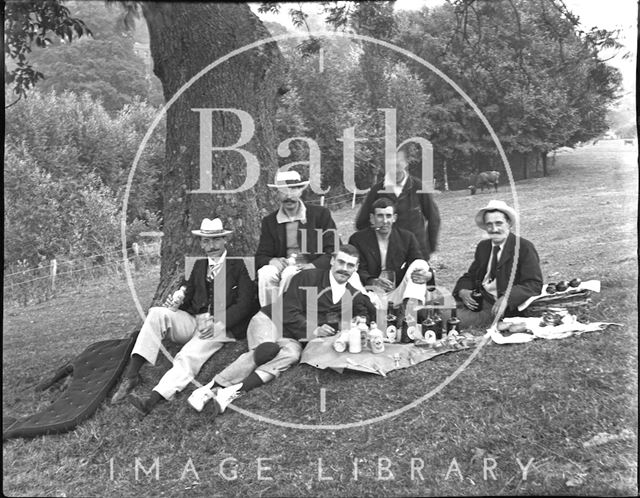 Edwardian gentlemen's picnic, probably on the River Avon c.1900