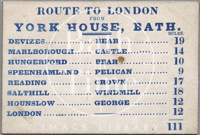 Route card for coaches from the York House Hotel to London c.1840