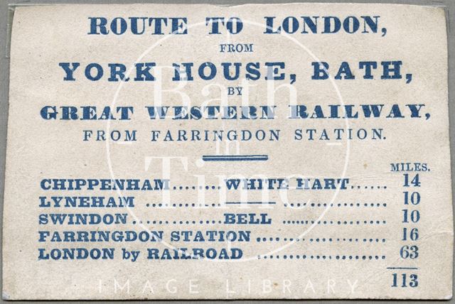 Route card for coaches from London to the York House Hotel, Bath c.1840