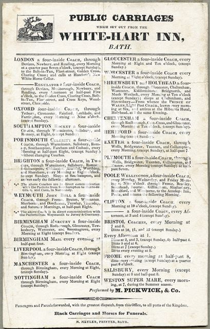 A list of Public Carriages (coaches) operating out of the White Hart Inn, Bath by Mr. Moses Pickwick c.1830