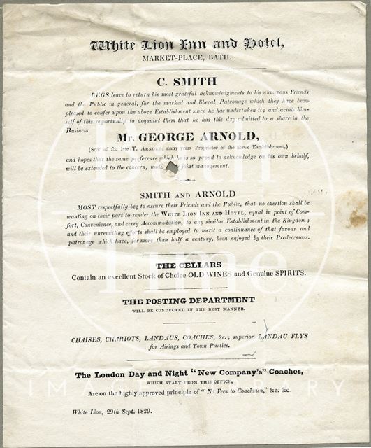 Announcement by Mr. C. Smith on joining the established Arnold coaching business at the White Lion Hotel, Bath 1829