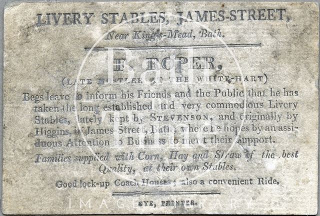 F. Roper, Livery Stables, James Street, Near Kings-Mead, Bath c.1805