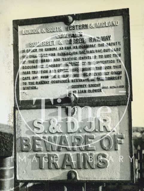 Warning sign on the Somerset and Dorset Joint Railway at Highbridge Crossing, Somerset c.1950