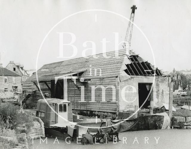 The outside of the wharf building on the Kennet and Avon Canal, Bradford-on-Avon, Wiltshire during restoration 1974