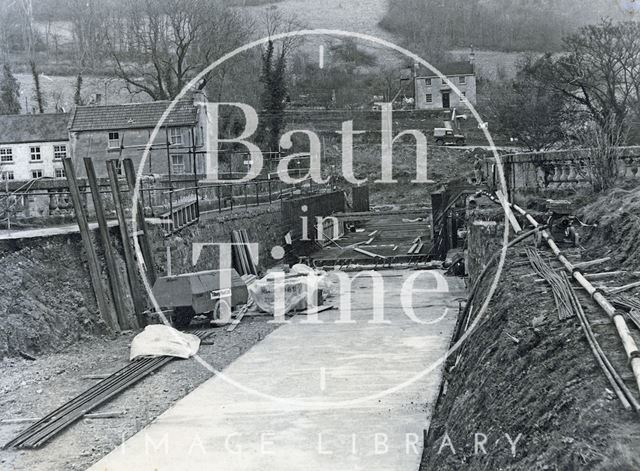 The Avoncliff Aqueduct on the Kennet and Avon Canal, Wiltshire being relined with concrete during restoration c.1974?