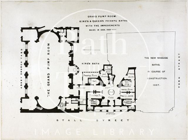 Plan of the Grand Pump Room, King's and Queen's Private Baths, Bath c.1868-1869