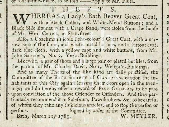 Notification of the theft of a Ladies Beaver Coat from Stall Street, Bath 1785