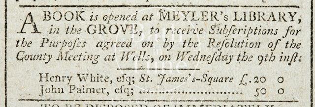 A book is opened at Meyler's Library in the Orange Grove to receive subscriptions, Bath 1794