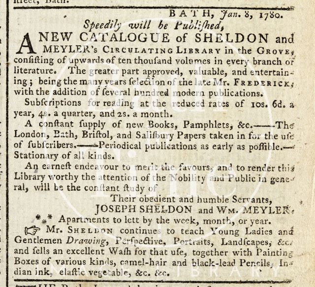 A new Catalogue of Sheldon and Meyler's Circulating Library at the Orange Grove, Bath 1780