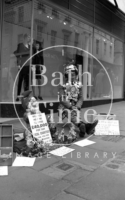 Mad Eli, a familiar face, fundraising on the streets of Bath 1989