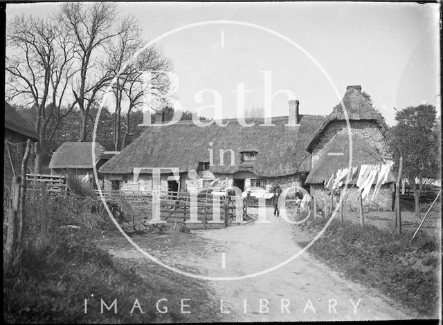 Farm with thatched roof, thought to be in Ramsbury near Marlborough, Wiltshire c.1920