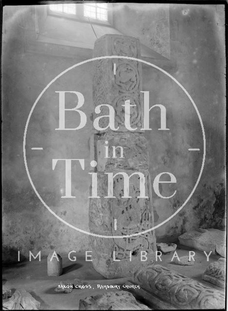 Saxon Cross inside the Church of the Holy Cross, Ramsbury near Marlborough, Wiltshire c.1920