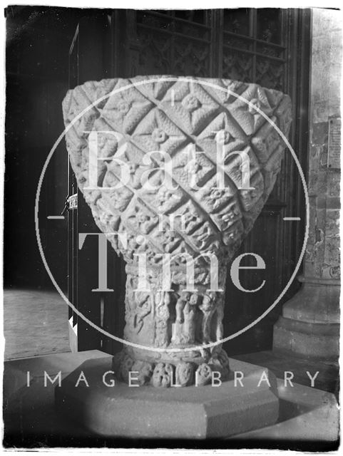 Saxon font inside the Church of the Holy Cross, Ramsbury near Marlborough, Wiltshire c.1920