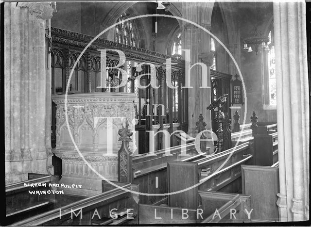 Screen and pulpit, inside All Saints' Church, Wrington, Somerset 1935