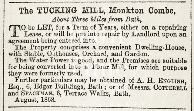 The Tucking Mill, Monkton Combe to be let 1868