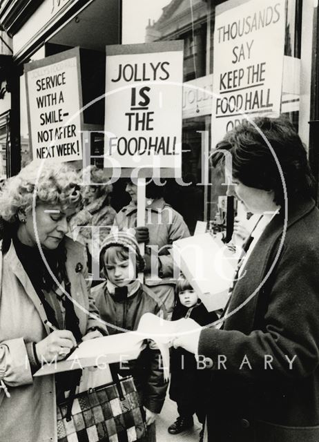 Protesters campaigning to keep Jolly's Food Hall open, Bath 1986