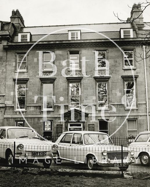 Cars parked outside the east side of Queen Square, Bath c.1970