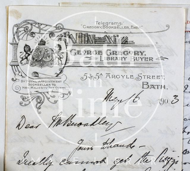 George Gregory letterhead, 5 & 5a, Argyle Street, Bath 1903