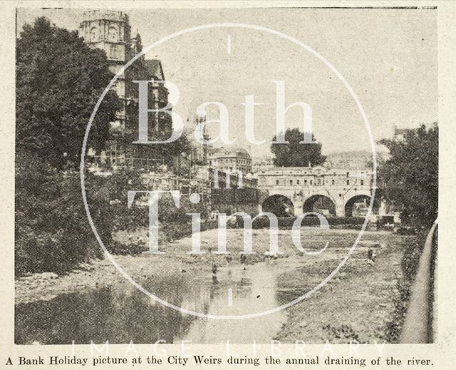 The weir at Pulteney Bridge during the annual draining of the river, Bath 1933