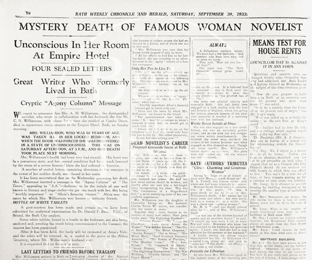 Mystery death of famous woman novelist at the Empire Hotel, Bath 1933