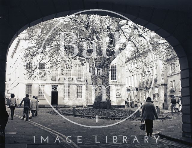 Autumn sunshine, looking through the newly constructed arch to Abbey Green, Bath c.1980