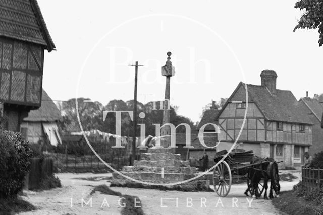 Memorial, timber framed houses and cart with horse, East Hagbourne, Oxfordshire c.1930 - detail