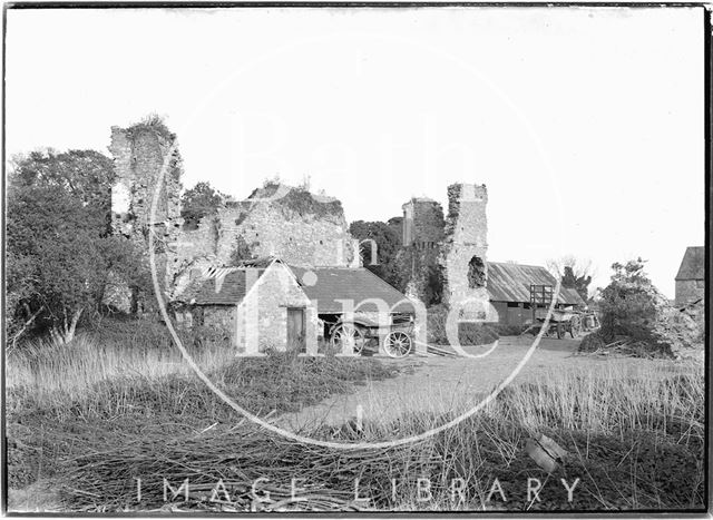 Ruined building with cart in farmyard, Yate Court, Gloucestershire 1938