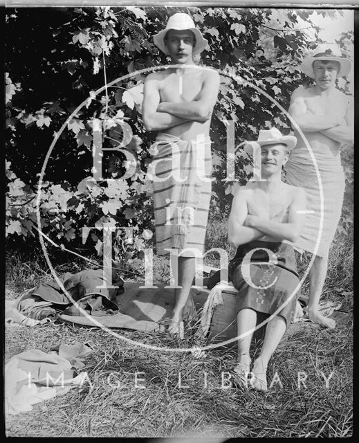 Three men with towels after a swim in the river c.1900