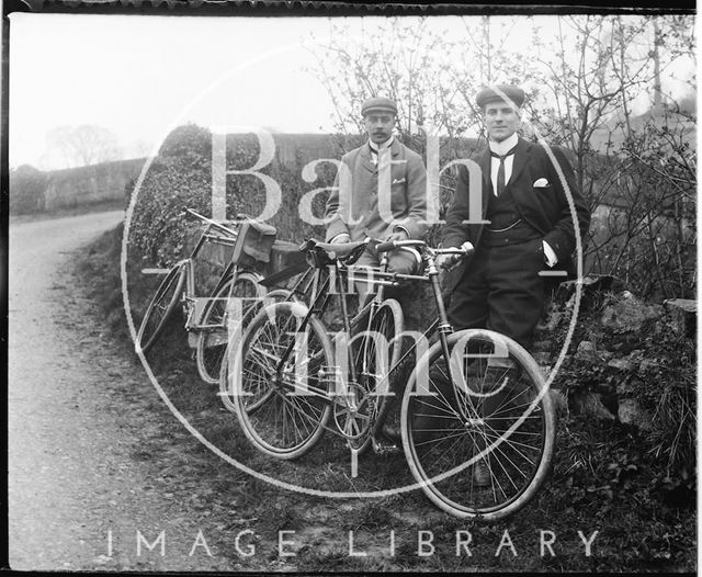 Posing on a cycling trip, possibly on the accommodation bridge at the Kennet and Avon Canal near Warleigh c.1900