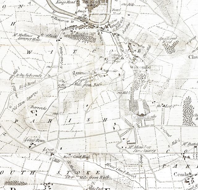 Thos. Thorpe Map of 5 miles round Bath. Combe Down to the city centre 1742 - detail