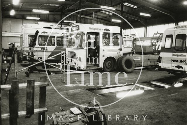 Interior of the maintenance shed for the bus depot, London Road, Bath 1991