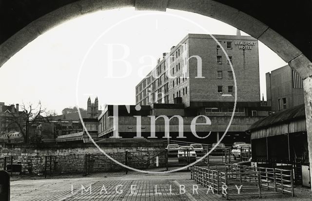 The Beaufort Hotel and cattle market, Bath 1983