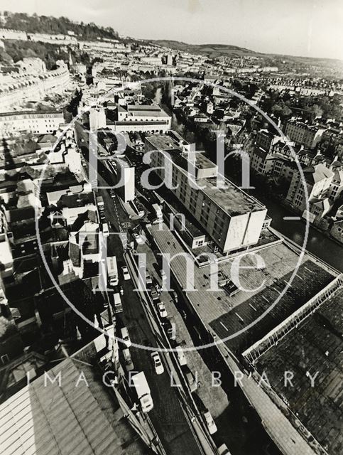 View of the Beaufort Hotel and vacant podium space from St. Michael's Church tower, Bath 1986