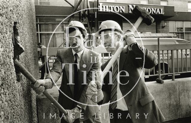 Symbolic demolition of the ventilation tower at the Hilton Hotel, Bath 1989