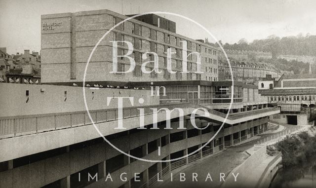 The newly constructed Beaufort Hotel, viewed from near Pulteney Bridge, Bath 1973