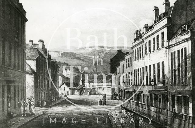 A black and white copy of a watercolour of Grove Street, viewed from Spring Gardens Road, Bath c.1800