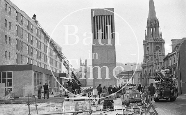 A mock fire rescue being carried out at the Beaufort Hotel, Walcot Street, Bath 1973