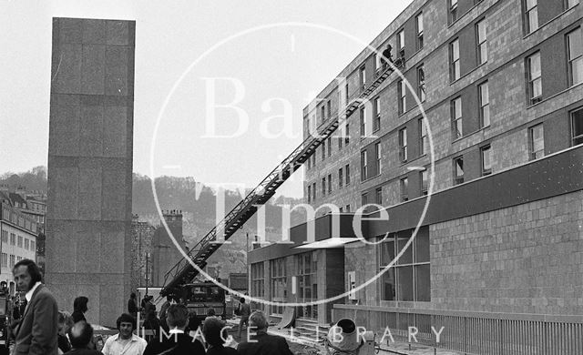 A mock fire rescue being carried out at the Beaufort Hotel, Walcot Street, Bath 1973